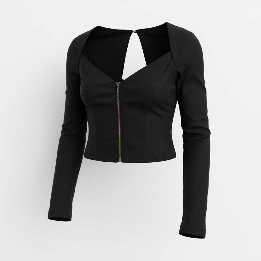 Maeve by Anthropologie Black Long Sleeve Crop Top Cutout Back Zip Front L NWT